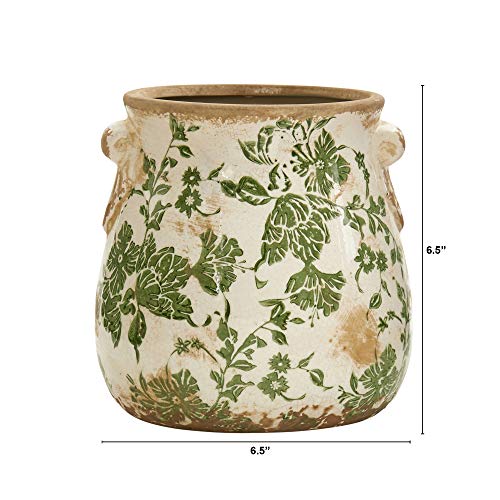 Nearly Natural 6.5 in Tuscan Ceramic Green Floral Scroll Decorative Vase | Quality Ceramic, Indoor Home Decor, Ideal for Centerpieces, Tables, Small Flower Vases
