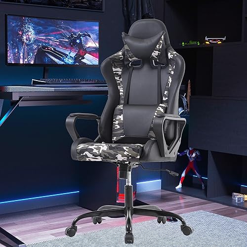 PayLessHere Ergonomic Racing Desk Chair Gaming Chair Computer Chair with Armrests 360° Swivel & Caster Pu Desk Task Chair Executive Headrest Lumbar Support for Back Pain Women Men and Adults (Camo) - color: Camo