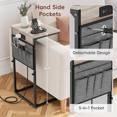 Vagusicc C-Shaped End Table Set of 2 with Charging Station, Small Side Table for Couch, Adjustable Height Couch Side Table, Slide Under Sofa Table TV Tray Tables for Living Room, Bedroom,Bedside, Gray - color: 2pc Greige