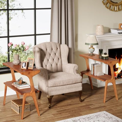 Tribesigns 2-Tier Solid Wood Side Table, Mid-Century Modern End Table with Storage Shelves, Tall Slim Side Table for Couch with Unique Legs, Long Bedside Table for Bedroom, Living Room, Cherry - color: Cherry