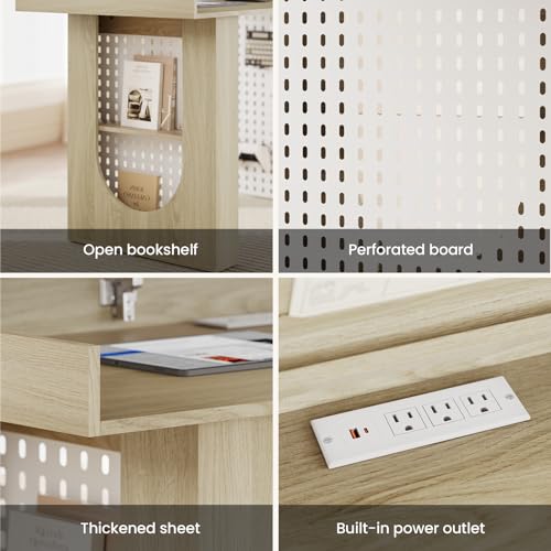 55" Convertible Computer Desk, 2-in-1 Flip-Top Desk & Dining Table with Hidden Storage, Built-in Power Strip, Pegboard, Soft-Close Gas Spring, Space-Saving for Small Apartment, Light Walnut - color: Ligjht Walnut