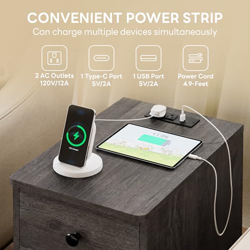 LIKIMIO Nightstand with Charging Station, 3 Drawers Modern for Bedroom - color: Charcoal Grey