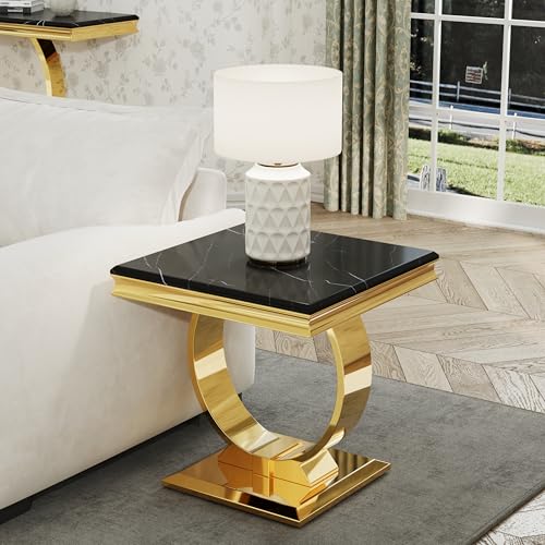 Asday Gold End Table, Modern Black Living Room Side Table with Gold Metal U-Base, Square End Table for Sofa Couch, Living Room, Bedroom, Office - color: Black, size: Set of 1