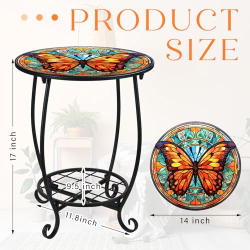 Cinnvoice Outdoor Side Table Round Small Mosaic Patio Accent Indoor End Plant Coffee Tea Table for Yard Patio Porch Garden Living Room, Bedroom(Butterfly B Style,14 Inch) - size: 14 Inch, style: Butterfly B Style