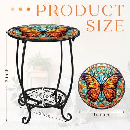 Cinnvoice Outdoor Side Table Round Small Mosaic Patio Accent Indoor End Plant Coffee Tea Table for Yard Patio Porch Garden Living Room, Bedroom(Butterfly B Style,14 Inch) - size: 14 Inch, style: Butterfly B Style