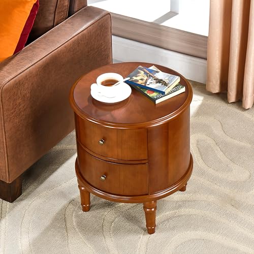 Round Solid Wood End Table with 2 Drawers and Fully Assembly | Beside Table for Couch, American Style Nightstand for Bedroom, Telephone Table for Living Room, Small Space Accent Table - size: 20.1" H End Table