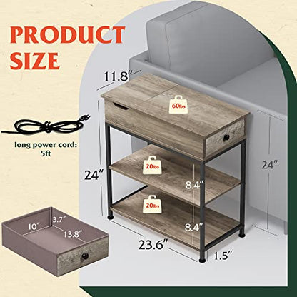 WLIVE 3-Tier Narrow Side Table with 2 USB Ports and 2 Outlets, Flip Top End Table with Drawer and Storage Shelves, Small Nightstand with Charging Station for Living Room/Bedroom, Greige - color: Greige