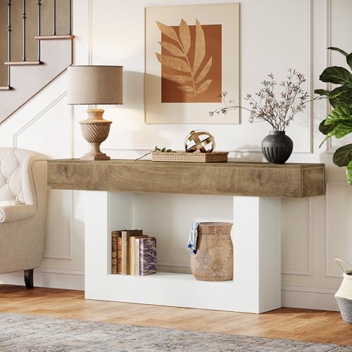 Tribesigns 63-Inch Long Console Table, 2-Tier Entryway Table Sofa Table with Storage, Farmhouse Wood Behind Couch Table for Living Room, Hallway, Light Brown & White - color: Light Brown & White