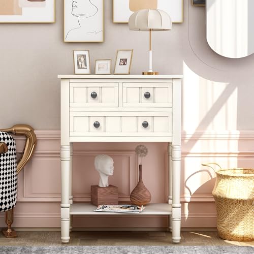 24'' Entryway Table, Small Console Table with Storage Drawers and Shelf, Hallway Table for Entryway Hallway Foyer, Farmhouse Solid Wood Frame (White) - color: White