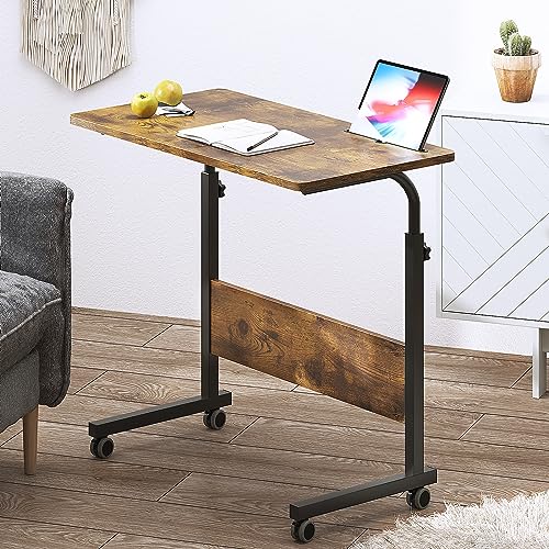 DlandHome Rolling Desk Adjustable Standing Desk, Mobile Side Table 31.4 Inches w/Wheels Adjustable C Table Movable Portable Laptop Computer Stand for Bed Sofa,Retro - color: Retro, size: 31.5 Inch