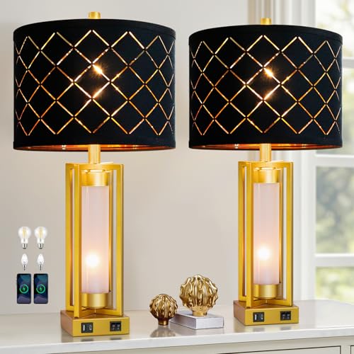 Set of 2 Modern Table Lamps for Living Room Bedroom with USB C+A | Rustic Nightstand Lamps with White Night Light, Black Grid Shade, Desk Lamps for Bedside End Tables, 4 Bulbs Included (Gold) - color: Gold