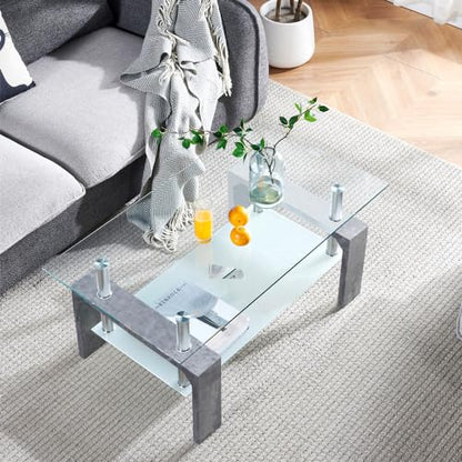 Living Room Rectangle Coffee Table, Tea Table Suitable for Waiting Room, Modern Side Coffee Table with Wooden Leg, Glass Tabletop with Lower Shelf,Grey Marble - color: Grey Marble