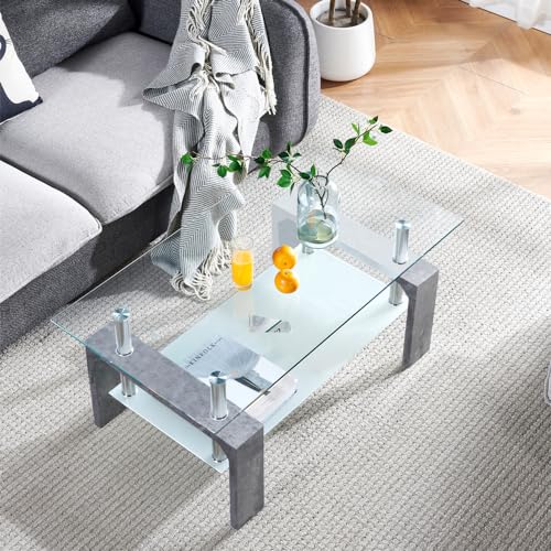 Living Room Rectangle Coffee Table, Tea Table Suitable for Waiting Room, Modern Side Coffee Table with Wooden Leg, Glass Tabletop with Lower Shelf,Grey Marble - color: Grey Marble