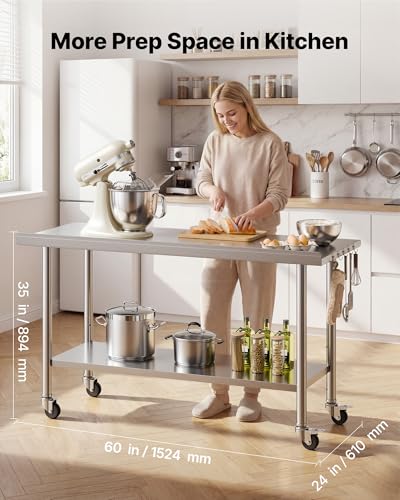 VEVOR Stainless Steel Work Table, 24x60 Inch Food Prep Table, Commercial Kitchen Workstation with Adjustable Undershelf, Metal Heavy Duty Utility Worktable, for Restaurant Home Hotel Garage Outdoor - size: 24*60