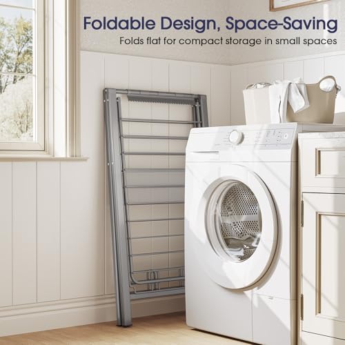 Clothes Drying Rack, 67.7" L Height Adjustable, Foldable, Grey | 1.5"Folded, No Assembly, Space-Saving, Spacious Design, Adjustable Wings, Clips, Mesh Shelf, Shoe Rack, Indoor & Outdoor Use - color: Gray