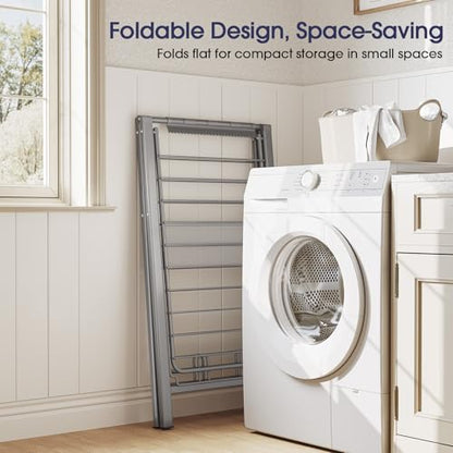 Clothes Drying Rack, 67.7" L Height Adjustable, Foldable, Grey | 1.5"Folded, No Assembly, Space-Saving, Spacious Design, Adjustable Wings, Clips, Mesh Shelf, Shoe Rack, Indoor & Outdoor Use - color: Gray