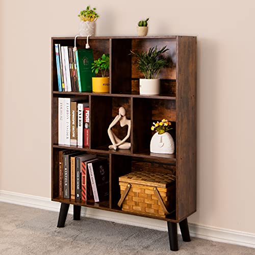 LEYAOYAO Cube Bookshelf, Mid-Century Modern Book Shelf with Legs, Brown | 3 Tier Bookcase, Rustic Wood Bookshelves, Freestanding Small Storage Organizer, Open Shelves for Bedroom, Living Room, Office - color: Brown, size: 7 Cube with Legs