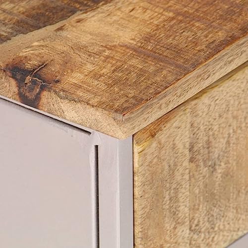 Industrial Bedside Cabinet, Rough Mango Wood with Natural Finish, Silver Iron Frame, 11.8x15.7x19.7 Inches, Storage Drawer & Door, Unique Bicycle Chain Wheel Design