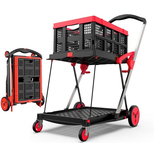 TOLRET Collapsible Shopping Cart with Wheels, 200 lbs Capacity Grocery Cart on Wheels with Storage Crate, Platform Hand Truck with Foot Brake, Red - color: Red, size: Cart