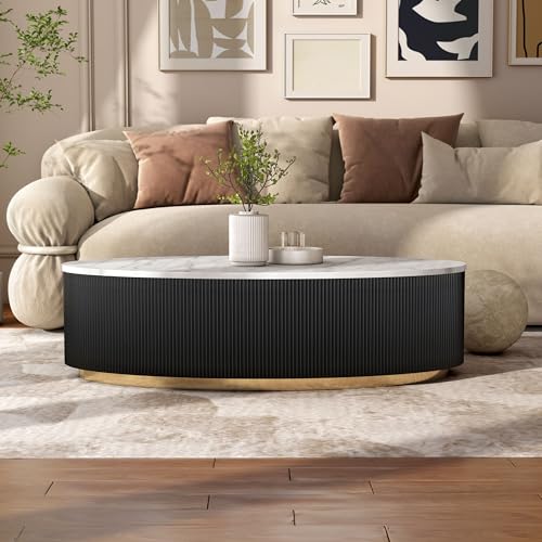 Furniture of America Beryl Modern Oval White Genuine Marble Top Coffee Table with Fluted Pedestal Base and Gold Stainless Steel Accent, Low Profile Table for Living Room, Home Office, Black - size: Coffee table, style: Oval