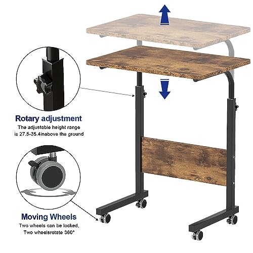 Side Table, 23.6in Adjustable Laptop Stand Portable Cart Tray Bedside Computer Table, Sofa Side Bed Table with Wheels, Rustic Brown - color: Rustic Brown, size: 23.6 inches