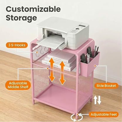 ECOLOVI 3 Tier Printer Stand for Under Desk, Height Adjustable Shelf Small Printer Table with 3 S-Hooks & Basket, Heavy Duty Industrial Storage Shelf for Home Office (Pink) - color: Pink