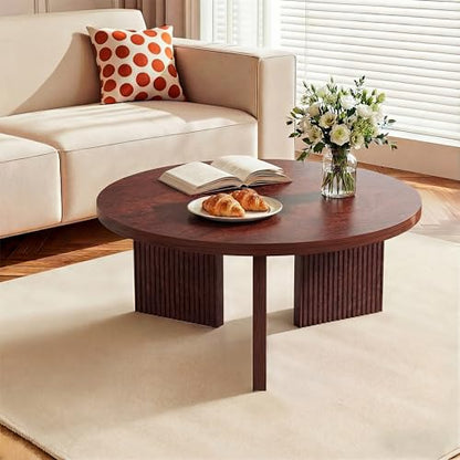 35" Wooden Round Coffee Table, Burgundy | Smooth Thick Coffee Table, Low Circle Center Table with X Shaped Stable Legs, Accent Tea Table for Living Room, Office - color: Burgundy, style: Coffee Table