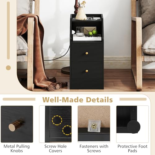 KOMFOTT Set of 2 Side Tables with Charging Station, End Tables with Storage Drawers, Sofa Couch Tables for Small Space, Modern Narrow Nightstands for Bedroom (Black,2) - color: Black