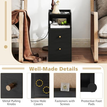 KOMFOTT Set of 2 Side Tables with Charging Station, End Tables with Storage Drawers, Sofa Couch Tables for Small Space, Modern Narrow Nightstands for Bedroom (Black,2) - color: Black