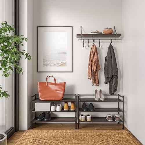 3-Tier Stackable 1" Slat Steel Frame Shoe Rack, 27.25"W x 12.75"D, Espresso | Interlocking modular design maximizes storage while the sturdy steel frame holds up to 12 pairs of shoes (Patented Design) - color: Espresso Slat, size: 3-Tier (NEW MODEL)