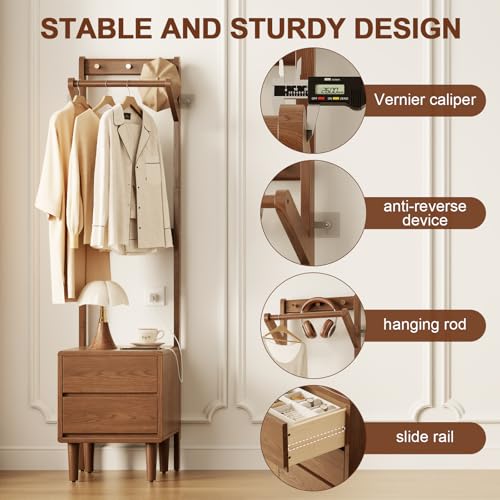 Solid Wood Coat Rack Freestanding,Standing Coat Rack with 2 drawers,Clothing Racks for Hanging Clothes,Narrow Hall Tree with Storage,Walnut Nightstand with 6 Coat Hooks for Bedroom Entryway Corner - size: 2 drawers