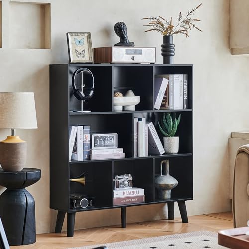 LEYAOYAO 8 Cube Bookshelf,Mid-Century Modern Book Shelf with Legs, Black | 3 Tier Bookcase, Rustic Wood Bookshelves Freestanding Large Storage Organizer, Open Shelves for Bedroom, Living Room, Office - color: Black, size: 8 Cube with Legs