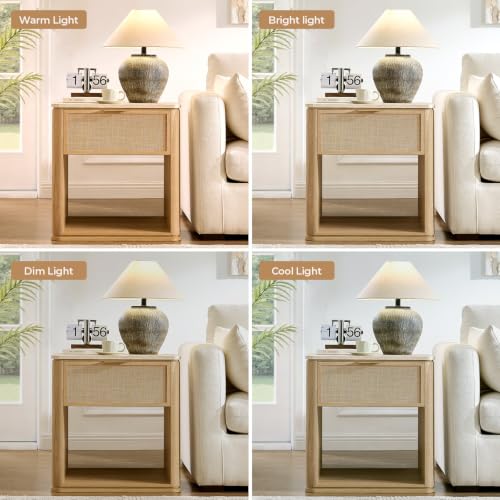 Night Stand, 23.11" W Rattan Nightstand with 1 Drawer and Open Shelf, Faux Marble Top Bedside Table, Boho Mid Century End Table for Bedroom Living Room Sofa Office, Natural Oak [FSC Certified] - color: Natural Oak, size: 15.63"D x 23.11"W x 23.94"H（1 Draw