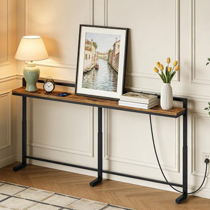 70.9'' Narrow Console Table with Adjustable Height (27.6''-35.4''), Behind Couch Table Skinny with Outlet, Long Entryway Table, Couch Table Behind Sofa for Living Room, Rustic Brown CT21UBR - color: Rustic Brown + Black, size: 70.9"L x 6.7"W x 27.6"H - 35