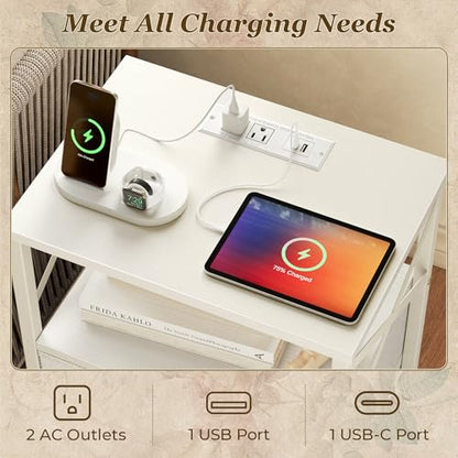 Huuger Nightstands Set of 2, Night Stand with Charger Station, 2 Drawer Side Table with Open Shelf, USB-C Port, End Table for Small Spaces, X Shaped Side Rail, White - color: White