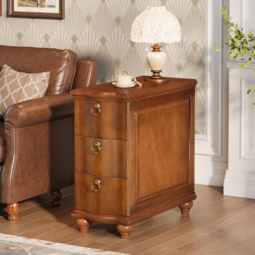 Tribesigns Wood End Table Set of 2, Fully Assembled Nightstand with Drawers | Narrow Tall Slim Side Table for Bedside, Small Spaces, Living Room, Bedroom, Walnut Brown, No Assembly Required - color: Walnut Brown