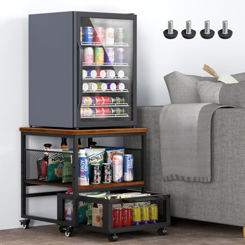 21x21in Mini Fridge Stand with Storage, Heavy Duty Mini Fridge Table with 4 Lockable Wheels for Coffee Bar 220LBS Compact Beverage Refrigerator Stand Cabinet Dorm Fridge Cart for Office Home (Brown) - color: Brown