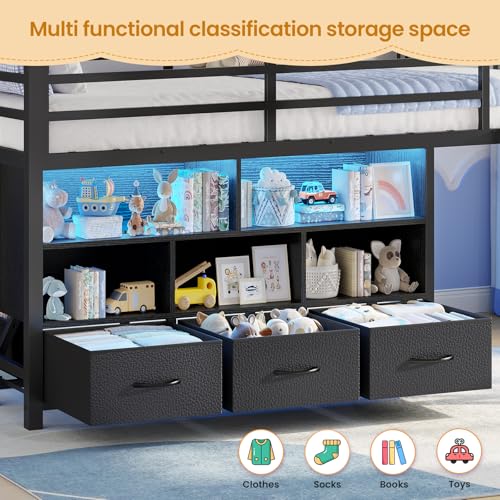BTHFST Low Loft Bed Twin Size with 3 Storage Drawers, 3-Tier Kids Bookshelf, 5 Open Cubbies and 2 LED Lights Strips, Metal Kids Loft Bed with High Safety Guardrail, Inclined Ladder and Play Area - color: Black
