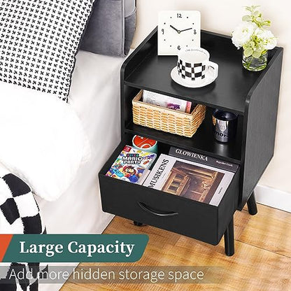 Yoobure Night Stand with Fabric Drawer, Modern Nightstand, Bedside Tables, Mid Century Nightstands with Open Storage Shelf, Wood Bedside Table, Small Night Stands for Bedrooms, 2-Tier Night Table - color: Black