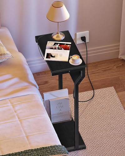 CHOEZON Narrow Side Table with Charging Station, 27" Skinny End Table for Small Spaces, Couch Table with Storage, Slim Tray Table with USB Ports, for Living Room, Bedroom, Black TBZ27UBB - color: Black