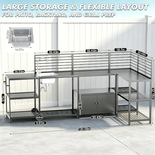 LEVELEVE Modular Outdoor Kitchen Island 5-Piece Set, Aluminum Outdoor Prep Station Grill Cart with Independent Sink, Storage Cabinets & Shelves for Backyard Patio Deck - size: 5-Pieces Set