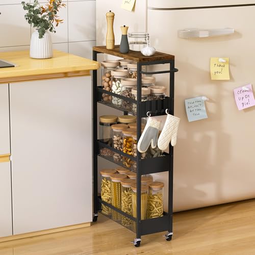 Vincona 7.1" Wide Slim Rolling Utility Cart, 4 Tier Metal Narrow Storage Cart with Handle and Wood Top, Multifunctional Small Mobile Shelf Unit Organizer Trolley for Laundry, Bathroom, Kitchen - color: Black, size: 7.1" wide