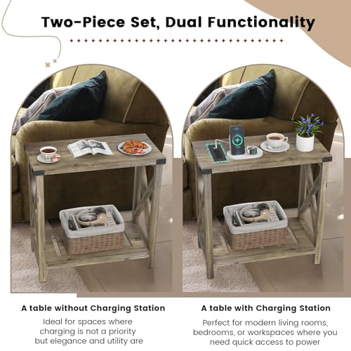 Hadulcet Farmhouse End Tables Living Room Set of 2 - Narrow Side Table with Charging Station, Slim Nightstand for Small Space, Skinny Bedside Table, Sofa Side Table with Storage Shelf, Elegant Gray - color: Elegant Gray