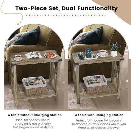 Hadulcet Farmhouse End Tables Living Room Set of 2 - Narrow Side Table with Charging Station, Slim Nightstand for Small Space, Skinny Bedside Table, Sofa Side Table with Storage Shelf, Elegant Gray - color: Elegant Gray
