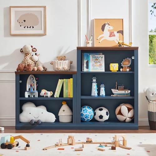 RWYHG 30" Blue Small Bookcase, 2 Tier Farmhouse Wooden Short Book Shelf | Adjustable Shelves Bookshelf, Open Display Storage, Wood Veneer Bookshelves, Thick Sturdy Base, for Living Room,Office