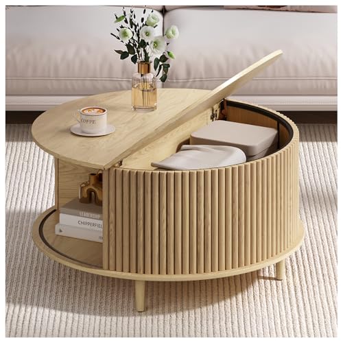 Round Coffee Table with Storage, 31.5" Mid Century Modern Coffee Table with Sliding Door & Solid Wood Legs, Minimalist Fluted Center Table for Living Room, Home Small Space, Oak - color: Oak, size: Round