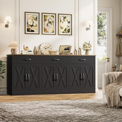 HOSTACK 71"W Farmhouse Kitchen Sideboard Buffet Cabinet with Storage, Black | Large Coffee Bar Cabinet with 3 Wide Drawers, Long Buffet Table with Shelves, Kitchen Storage Cabinet for Dining Room - color: Black