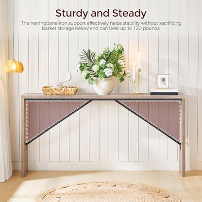 MAHANCRIS Console Table, 62.2" Long Sofa Table Behind Couch, Narrow Entryway Table, Farmhouse Dining Table with Angled Metal Frame, Industrial Console Table for Entryway, Greige CTHG15801 - color: Greige, size: 62.2"L x 9.1"W x 31.5"H
