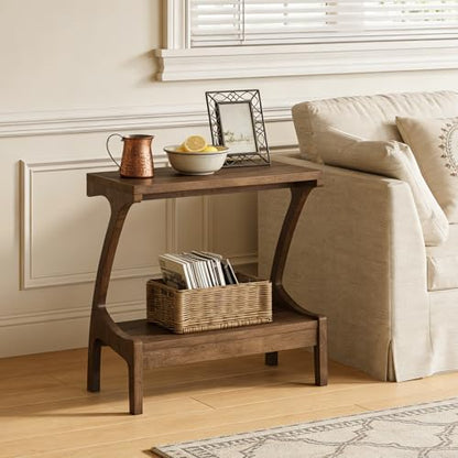 Solid Wood End Table with 2-Tier Storage Shelf, Narrow Side Table for Living Room, Bedroom, Small Spaces, Natural Wood Paint Finish, Easy Assembly - color: Brown