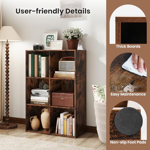 Giantex 6-Cube Bookcase, 3-Tier Cubby Bookshelf, Horizontal Vertical Display Rack with Anti-Tipping Kits, Modern Storage Organizer Shelf Unit for Living Room, Home Office, Rustic Brown | Horizontal Vertical Display Rack with Anti-Tipping Kits, Modern Stor